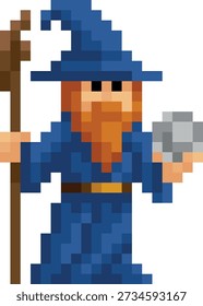 Blue wizard fantasy cartoon character in a video game sprite pixel art style. 20 squares wide by 28 high.