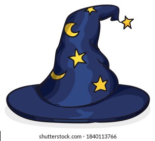 Blue wizard hat decorated with starry pattern and moons in cartoon style, isolated over white background.