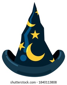 Blue wizard hat with stars and crescent moons in flat style, isolated over white background.