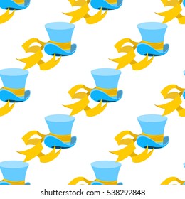 Blue wizard hat with yellow tape seamless pattern. Hat shop. Cylinder Hatter from a fairy tale Alice's Adventures in Wonderland.