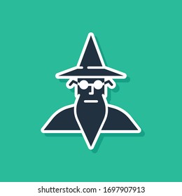 Blue Wizard warlock icon isolated on green background.  Vector Illustration