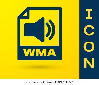 Blue WMA file document icon. Download wma button icon isolated on yellow background. WMA file symbol. Wma music format sign. Vector Illustration