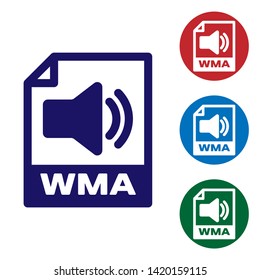 Blue WMA file document icon. Download wma button icon isolated on white background. WMA file symbol. Wma music format sign. Set color icon in circle buttons. Vector Illustration