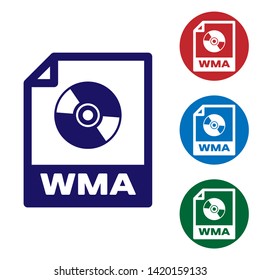 Blue WMA file document icon. Download wma button icon isolated on white background. WMA file symbol. Wma music format sign. Set color icon in circle buttons. Vector Illustration