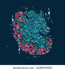 blue wolf with flower artwork illustration