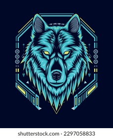 blue wolf with futuristic background design template