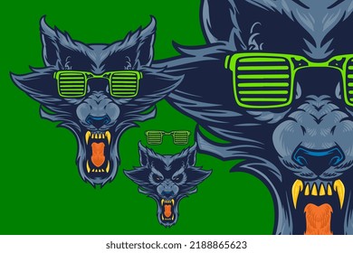 blue wolf with glasses head mascot vector illustration cartoon style