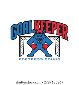 Blue wolf goalkeeper wearing red gloves and hat standing in front of net for defensive sports strategy and mascot marketing.