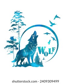 Der blaue Wolf heult auf dem Mond. Handzeichnung. Nicht AI, Druck auf einem T-Shirt. Vektorgrafik