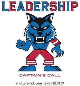 Blue wolf mascot wearing red shorts and armbands showing leadership qualities for competitive sports leagues and school teams.
