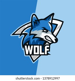 Blue Wolf Predator Mascot Emblem Badge Esport Logo Game Design. Identity for gamer streamer club 