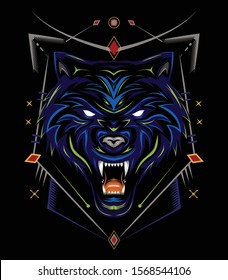 blue wolf vector, wolves, head wolf illustration with sacred symbol, dark wolf angry, for t shirt, wall decoration and other