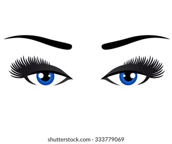 blue woman eyes with long eyelashes on white background