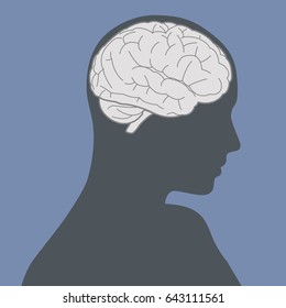 Blue woman face silhouette and brain image vector illustration.