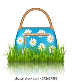 Blue woman spring bag with chamomiles flowers in grass lawn with reflection on white background