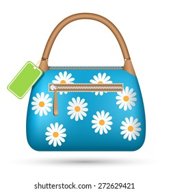 Blue woman spring bag with chamomiles flowers and sale label isolated on white background