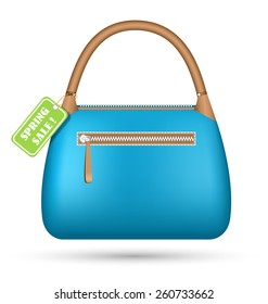 Blue woman spring bag with sale label isolated on white background
