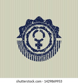 Blue women cycle icon inside distress grunge style stamp