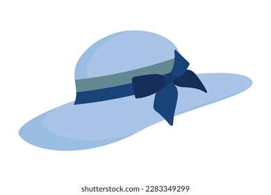 Blue women's hat with a blue bow. Beach hat vector flat illustration