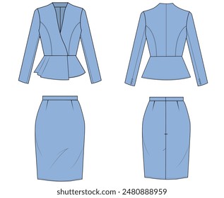 blue women's suit, front and back flat depiction. Can make uniforms for company employees