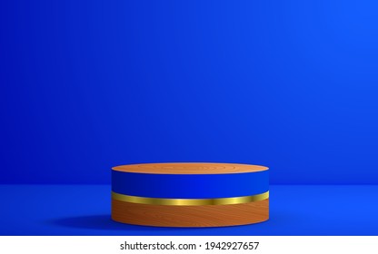 blue and wood podium with light in the blue room