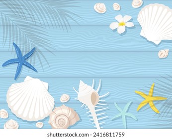 Blue wood and seashell background frame