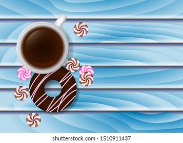 Blue wooden background with sweets. Vector illustration for card
