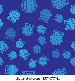 Blue Wooden barrel icon isolated seamless pattern on blue background. Alcohol barrel, drink container, wooden keg for beer, whiskey, wine.  Vector Illustration