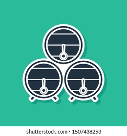 Blue Wooden barrel on rack with stopcock icon isolated on green background.  Vector Illustration