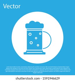 Blue Wooden beer mug icon isolated on blue background. White circle button. Vector Illustration