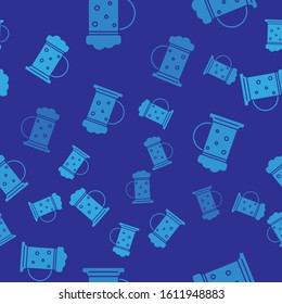 Blue Wooden beer mug icon isolated seamless pattern on blue background.  Vector Illustration