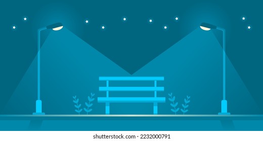 Banco de madera azul con barra brillante de bombilla eléctrica de luz de la calle iluminada luz y estrellas en el parque público jardín con diseño vectorial plano de fondo azul nocturno.