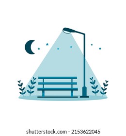 Blue Wooden Bench With Glowing Street Lamp And Moon Star At Public Park Garden In Night Time On White Background Flat Vector Design.