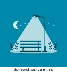 Blue Wooden Bench With Glowing Street Lamp And Moon Star At Public Park Garden In Night Time On White Background Flat Vector Design.