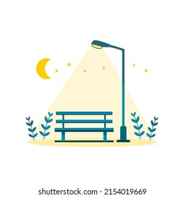 Blue Wooden Bench With Glowing Street Lamp And Moon Star At Public Park Garden In Night Time On White Background Flat Vector Design.