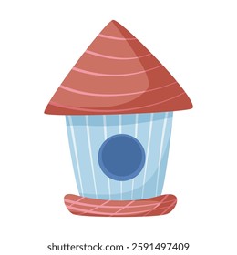 Blue wooden birdhouse with a red roof on a white background. Isolated vector illustration.