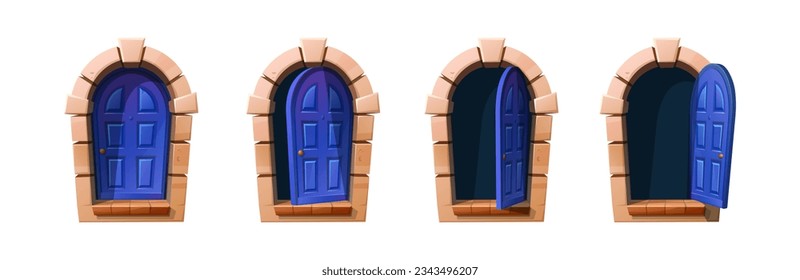 Puerta de cabaña de madera azul abierta y cerrada. Ilustraciones de iconos con estilo de dibujos animados vectores. Animación inteligente para 2d juego. 