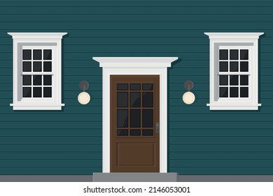 blue wooden house with white windows and white door