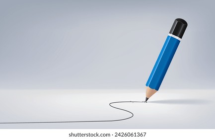 Blue wooden pencil with black lead for sketching tracing line strokes on a white gray background, Back to school, Art, Creative design, business or education concept, Vector illustration