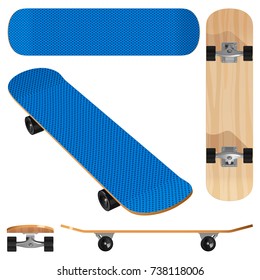Blue wooden skateboard with black wheels, top, bottom, sidew, front and general view. Vector illustration on white background.