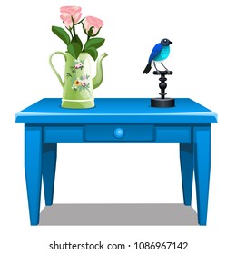 Blue wooden table with a drawer, a vase in the shape of a teapot with roses and a bird sit on the roost isolated on white background. Vector cartoon close-up illustration.