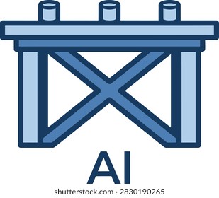 Blue wooden trestle table icon featuring cross supports and AI text. Perfect for construction, carpentry, and furniture design projects.