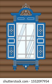 Blue wooden window with carvings in traditional Russian style. The window of the isba. Vector illustration.