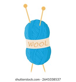 Blue wool yarn ball, skein with needles for knitting. isolated on white background. Knitting hobby. Vector illustration