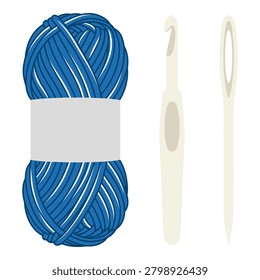 Blue wool yarn skein alongside plastic crochet hook and large eyed darning needle for handmade knitting projects.