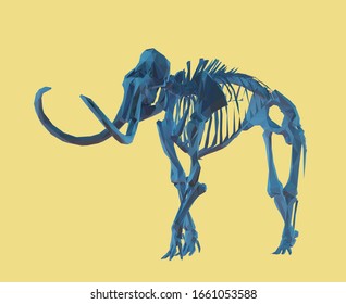 Blue Woolly Mammoth Skeleton On Yellow Background. Low Poly Vector 3D Rendering