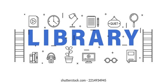 Blue word LIBRARY on white background