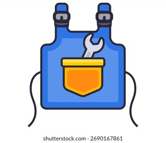 Delantal de trabajo azul con llave. Ilustración vectorial plana.