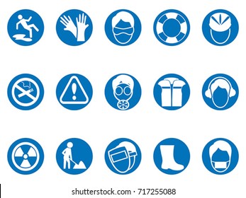 blue work safety round button icons set