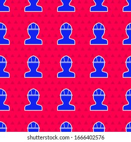 Blue Worker safety helmet icon isolated seamless pattern on red background.  Vector Illustration